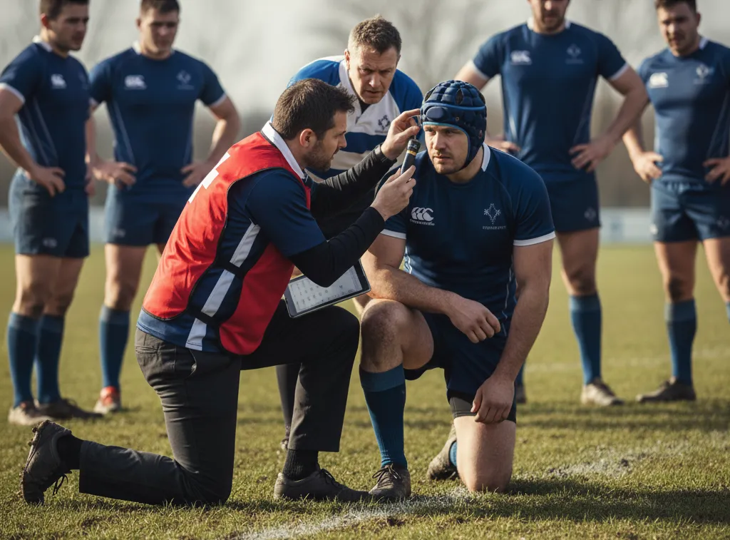 Rugby medic checking a player with a scrum cap for concussions in rugby, emphasizing headgear safety and player welfare.
