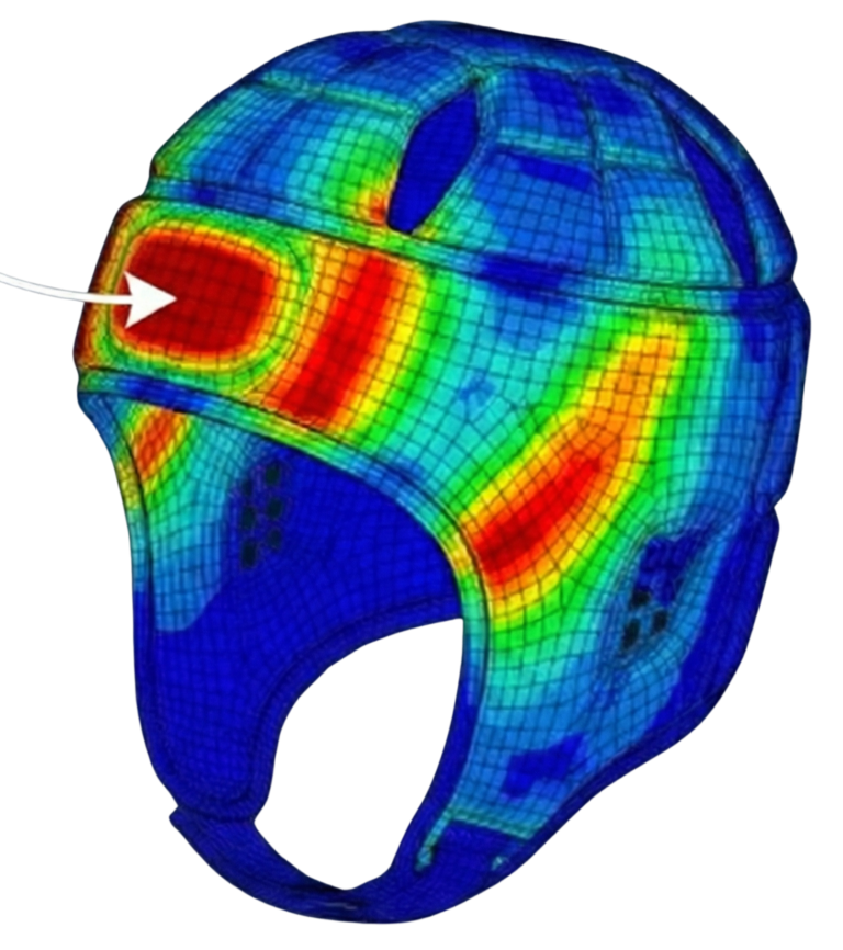 Biomechanical simulation visualizing how impact forces distribute across advanced rugby headgear during a collision. The model illustrates rotational energy management and load distribution used to improve player safety.